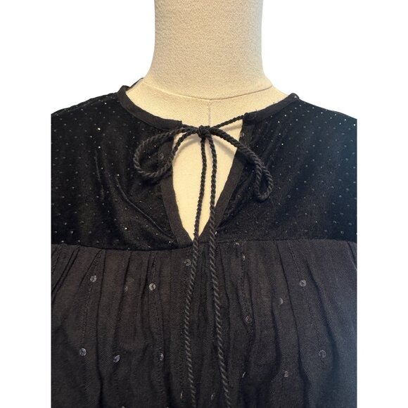 ZARA Medium Black Velvet & Sequins Long Sleeve Top Delicate Tie Neckline - Picture 8 of 11